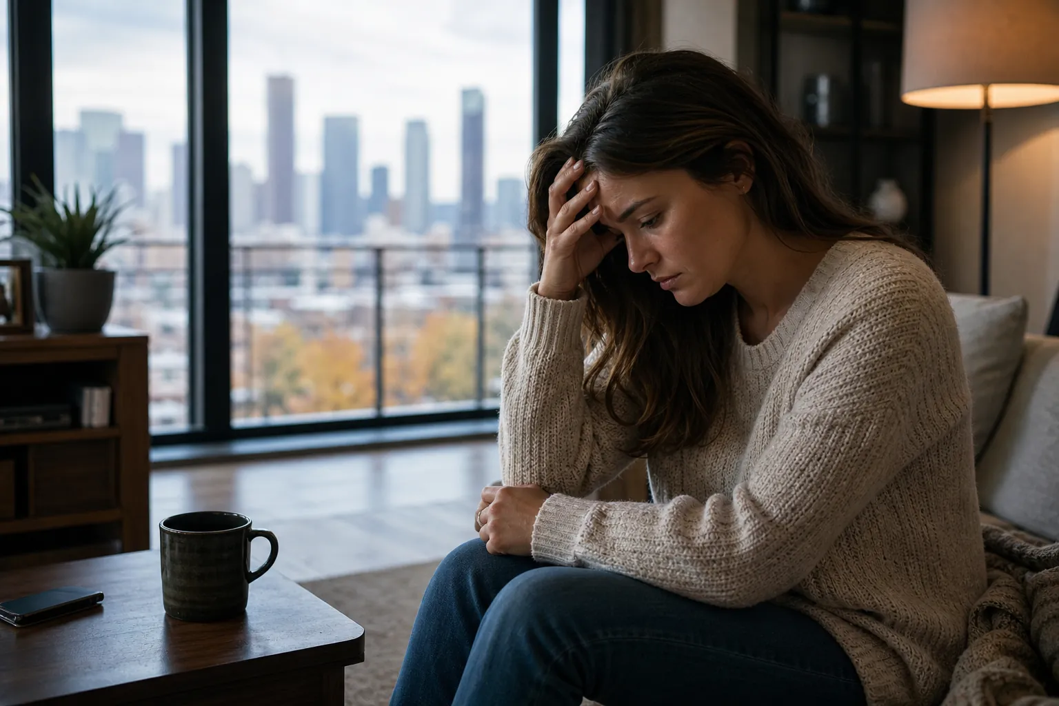Woman Sitting on a Sofa With Her Hand to Her Forehead A woman in a beige sweater sits hunched on a sofa, looking down with one hand against her forehead beside a coffee table.