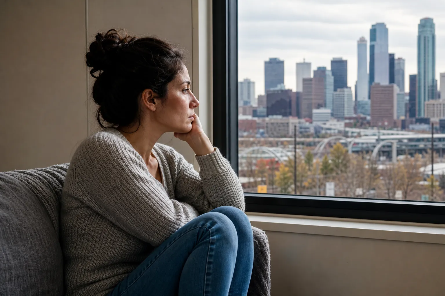 Woman Looking Thoughtfully Out at a City Skyline A woman in a gray sweater sits curled up on a couch, resting her cheek on her hand and looking out at a city skyline.