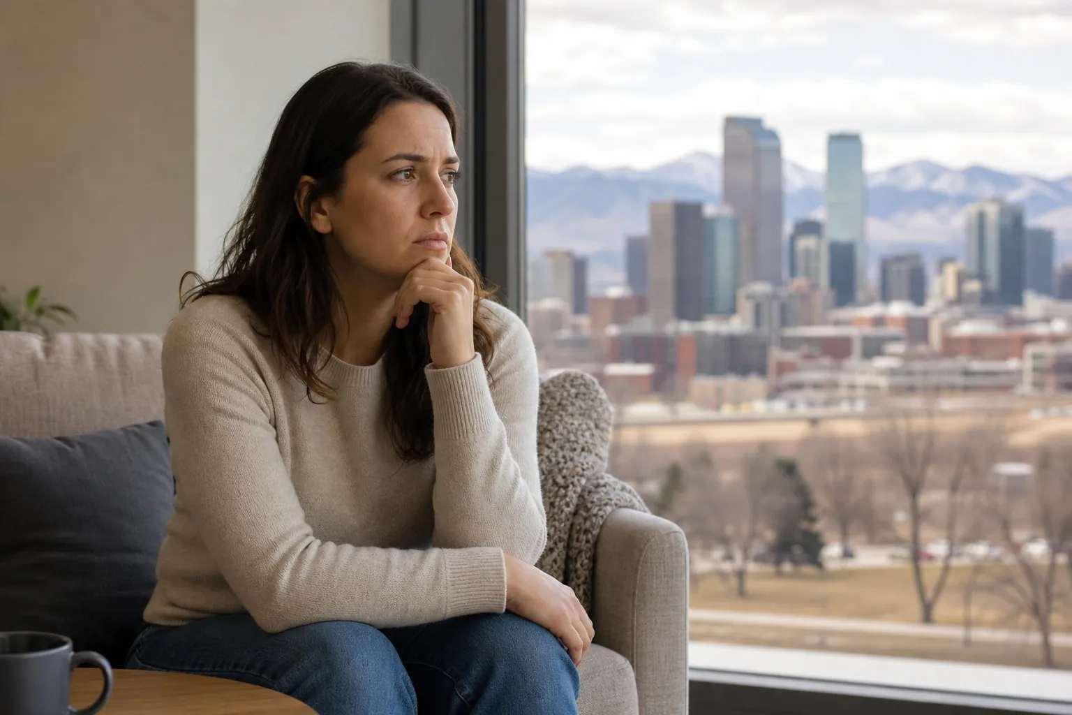 Pensive Woman Beside a Window Overlooking the City A pensive woman sits on a sofa with her hand under her chin, beside a window overlooking a city skyline and mountains.