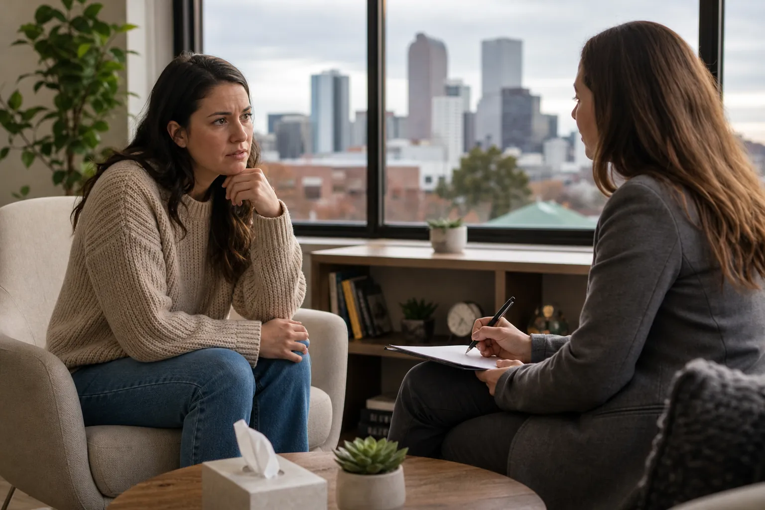 Woman Discussing Concerns With a Clinician A concerned woman sits opposite a clinician holding a pen and clipboard in an office with large windows and a city view.