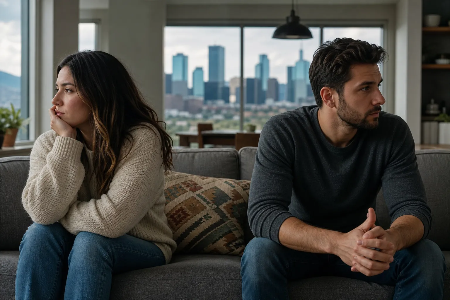 Couple Sitting Apart and Looking Away on a Couch (featured) A woman and man sit apart on a gray couch, looking in opposite directions, with a city skyline visible through windows.
