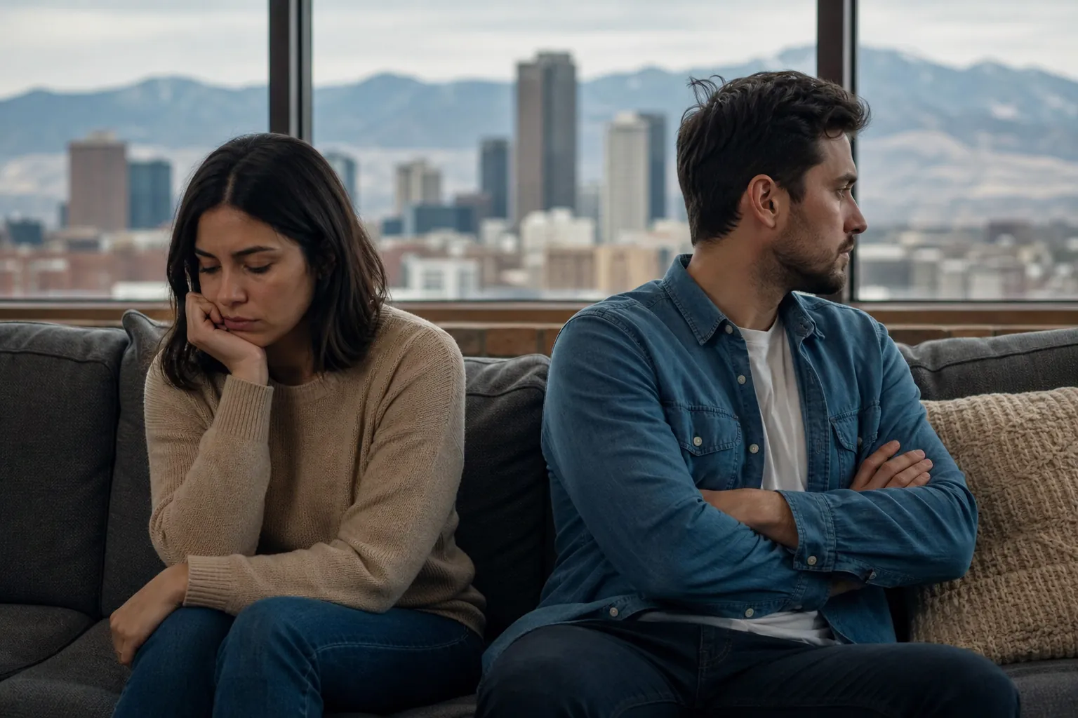 Couple Sitting Apart and Looking Away on a Couch (detail) A woman rests her chin on her hand while a man sits with crossed arms, looking away on a couch with a city and mountain view.