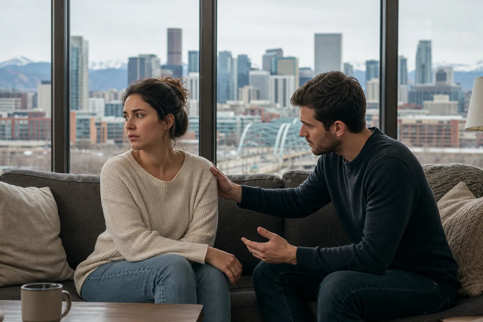 Woman Looking Away as a Man Touches Her Shoulder (next step) A woman looks away as a man touches her shoulder and gestures while they sit on a sofa before a city skyline.