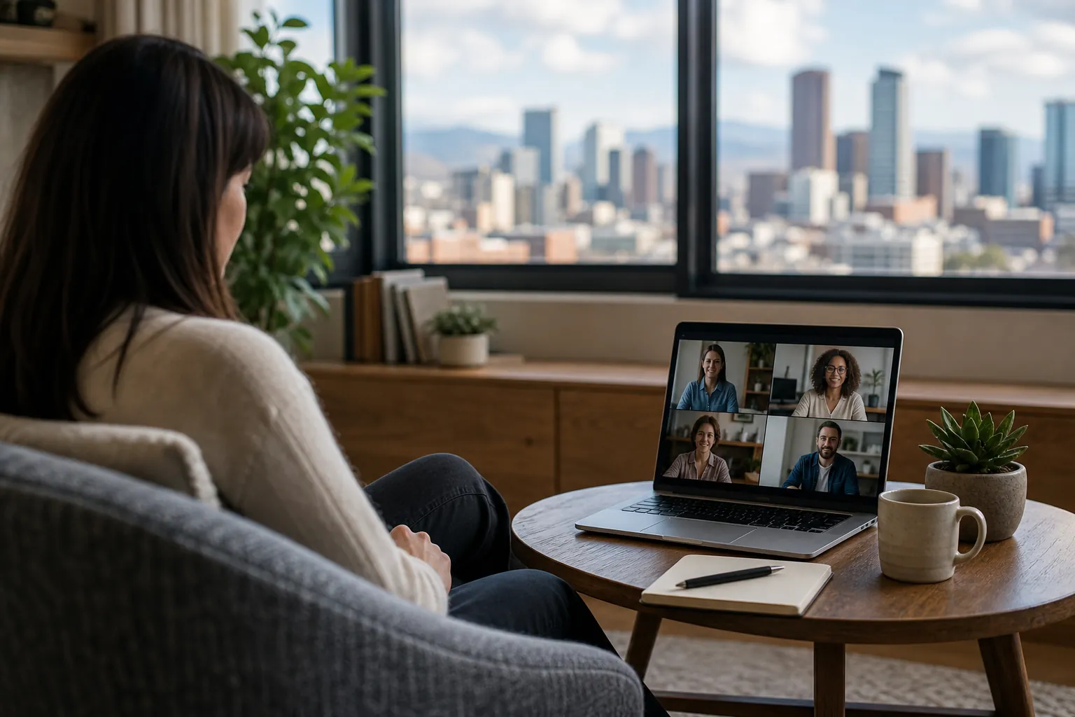 Woman Joining a Group Video Call From Home A woman sits in an armchair facing a laptop showing four video call participants, with a city skyline beyond the windows.