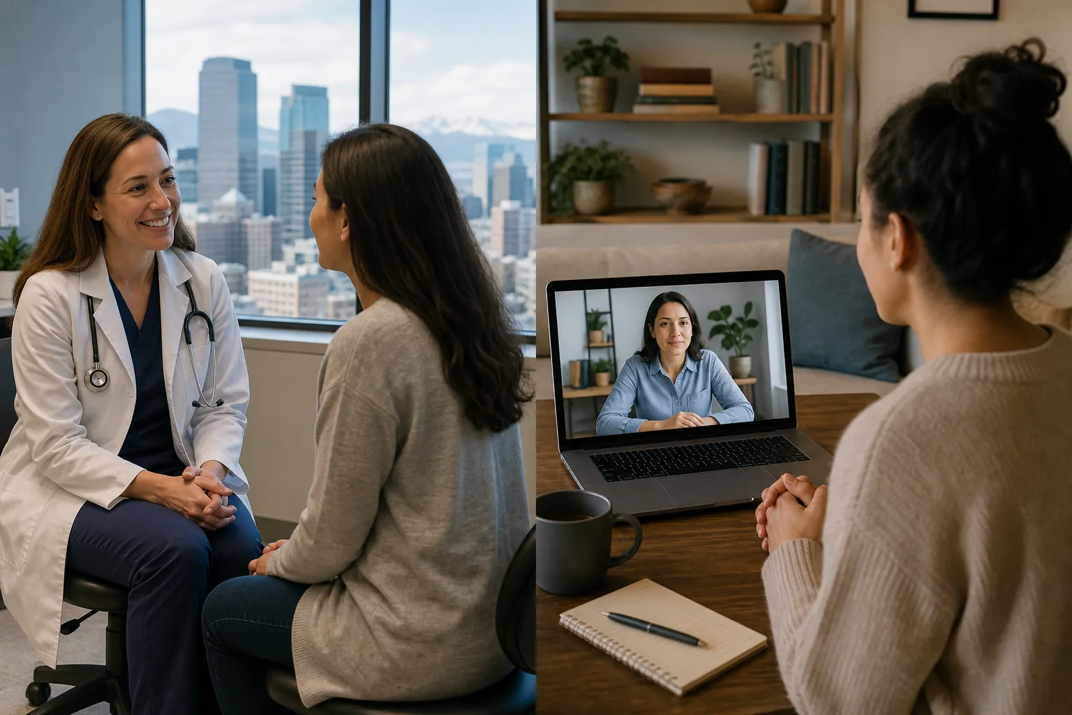 In-Person Appointment and Virtual Care Consultation A doctor meets with a woman beside a city-view window, while another woman consults someone by laptop video call.
