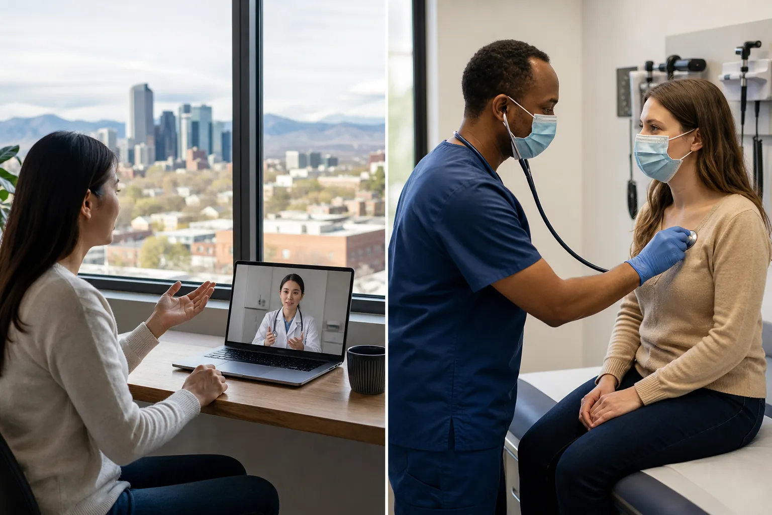 Virtual Consultation and In-Person Medical Exam Split view of a woman consulting a doctor by laptop and a masked clinician examining a seated patient with a stethoscope.