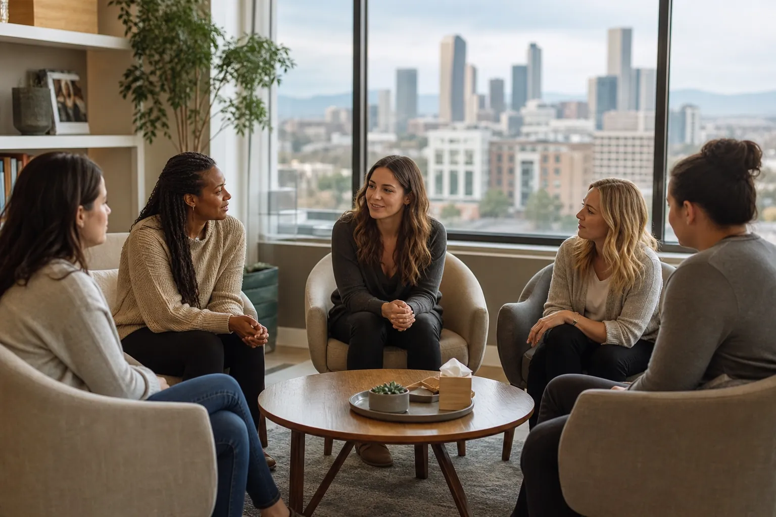 Women Seated in a Support Group Setting Five women sit in a circle around a coffee table in a bright room with large windows overlooking a city skyline.