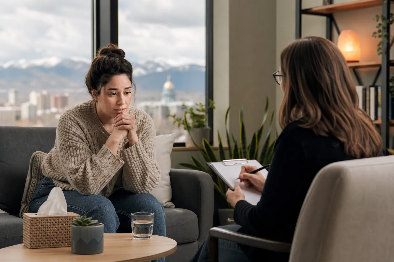 Concerned Woman Speaking With a Clinician A concerned woman clasps her hands on a sofa while a clinician across from her holds a pen and clipboard.