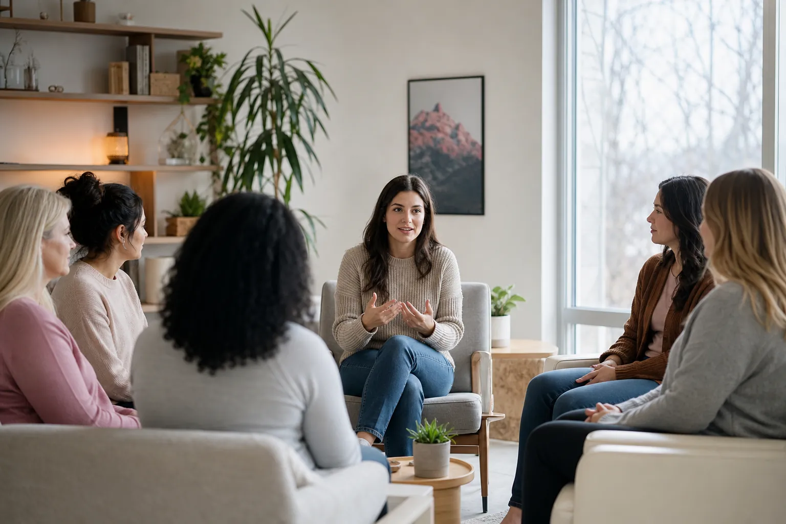 Women Sharing in a Supportive Group Setting Six women sit in a circle in a bright, plant-filled room, listening as the woman in the center gestures while speaking.