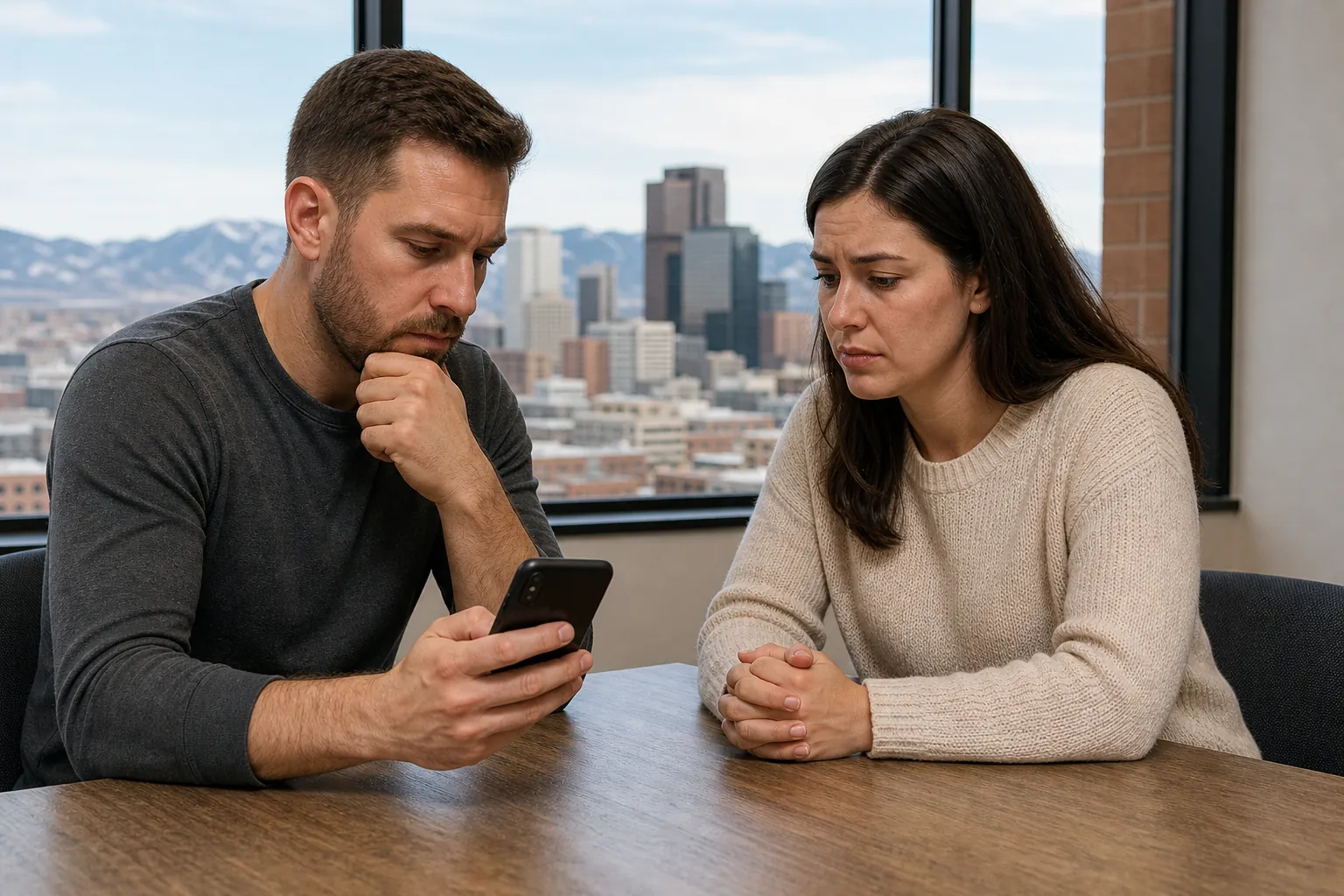 Concerned Couple Considering a Phone Call A concerned man holds a smartphone beside a woman with clasped hands at a table overlooking a city skyline and mountains.