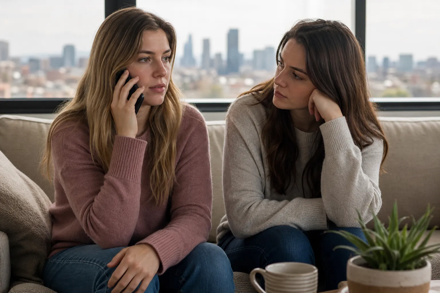 Woman Making a Phone Call Beside a Supportive Friend Two women sit on a sofa by a window overlooking a city, one holding a phone to her ear while the other watches.