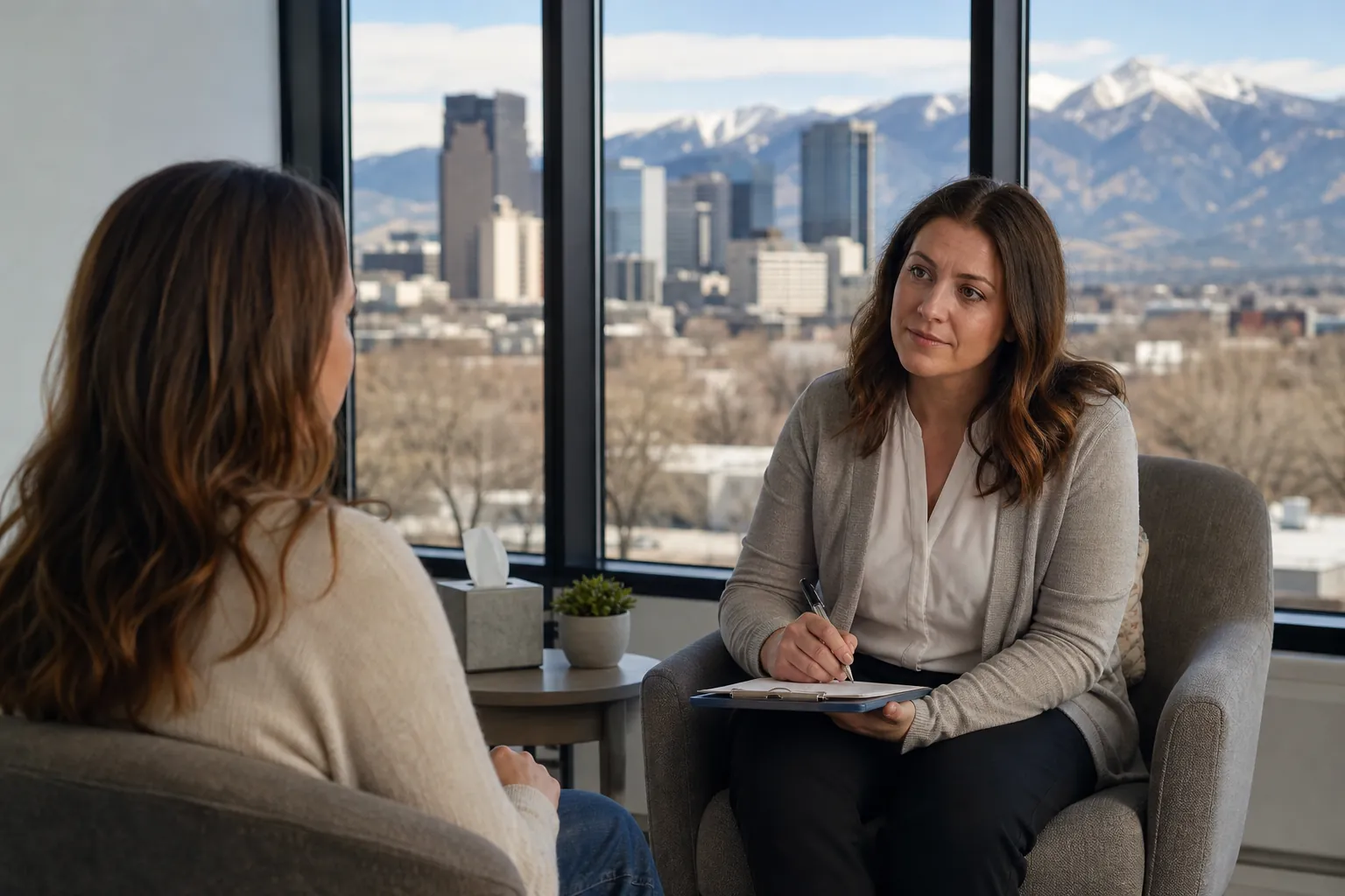 Office Consultation With a City and Mountain View Two women sit facing each other in an office, one holding a pen and clipboard, with city buildings and snowy mountains outside.