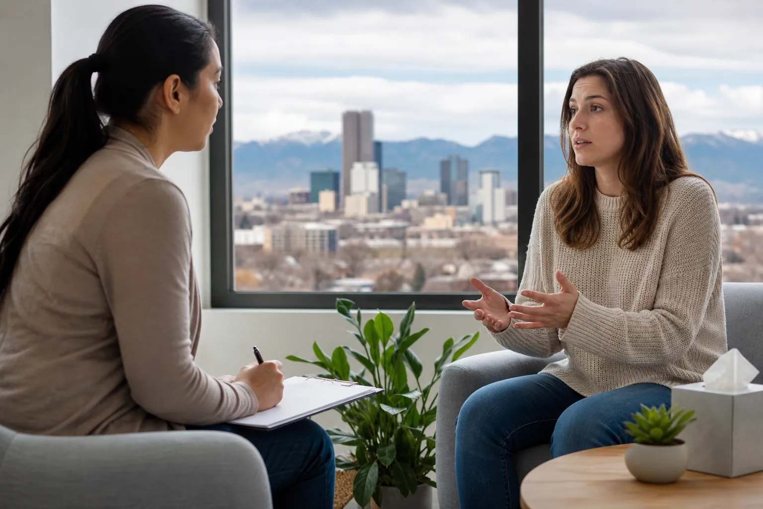 Conversation With a Clipboard in a Counseling Office Two women sit facing each other, one holding a pen and clipboard while the other gestures, with a city and mountains outside.