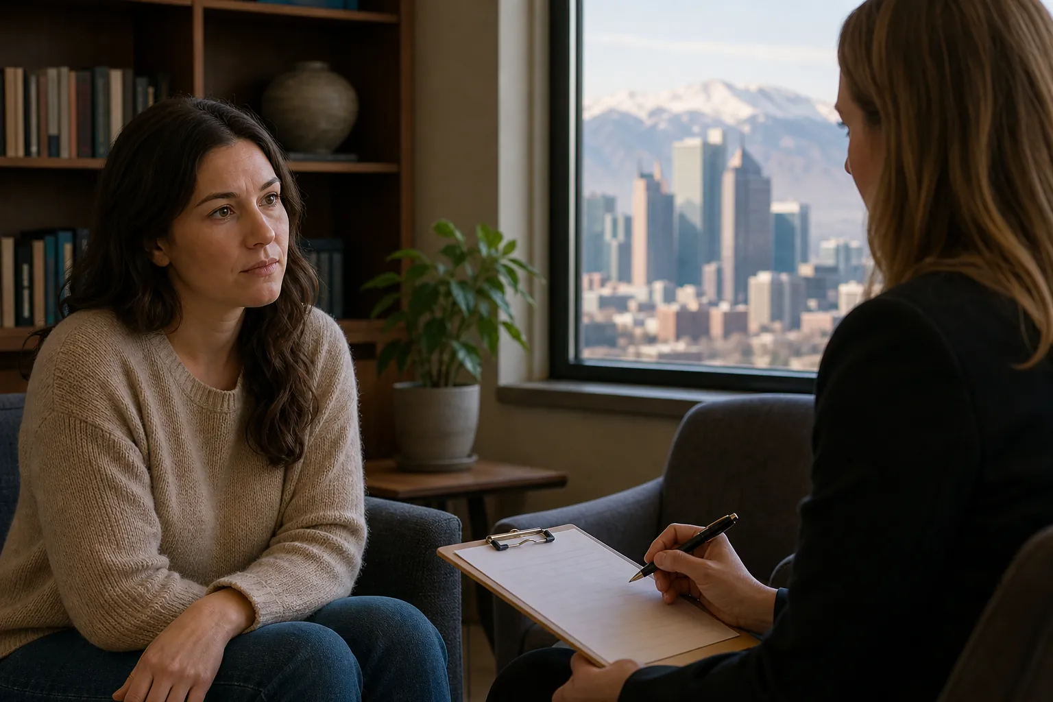 Consultation With a Clipboard and Mountain City View Two women sit facing each other, one holding a pen and clipboard, with a city skyline and snowy mountains outside the window.