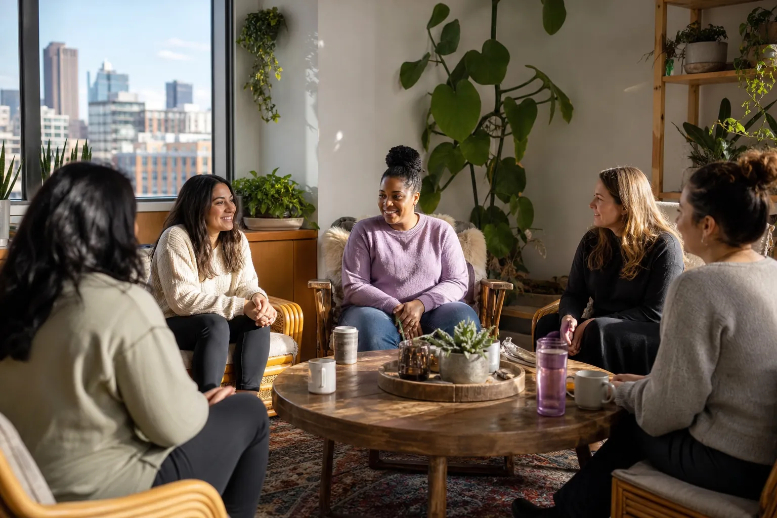 Five women sit in a circle around a wooden coffee table in a sunny, plant-filled room with city views.