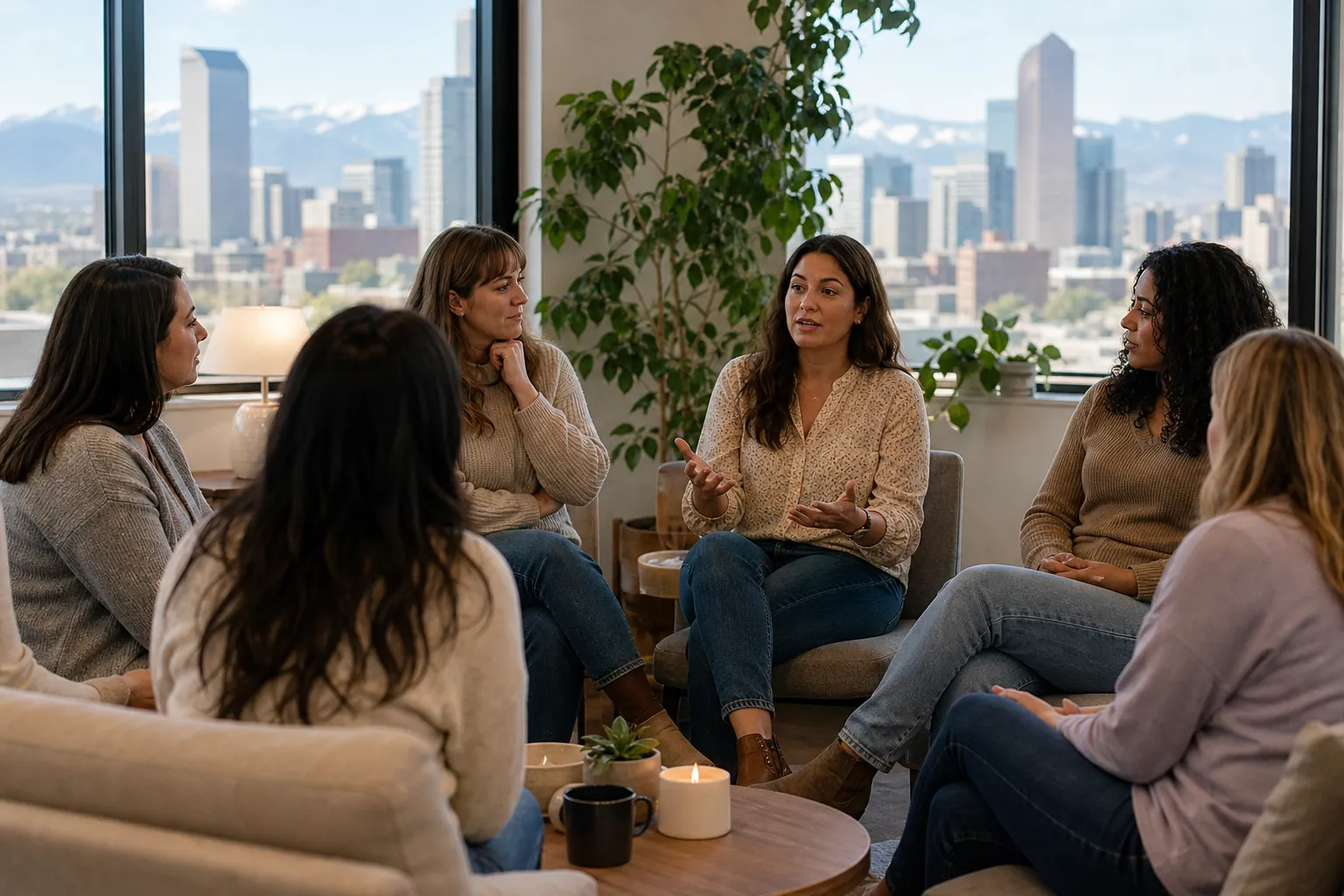 Six women sit in a circle as one speaks and gestures, with a city skyline and mountains visible through large windows.