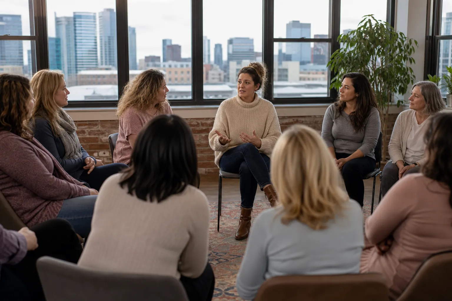 Women sit in a circle in a bright room with city views, listening to a woman in a cream sweater gesture as she speaks.