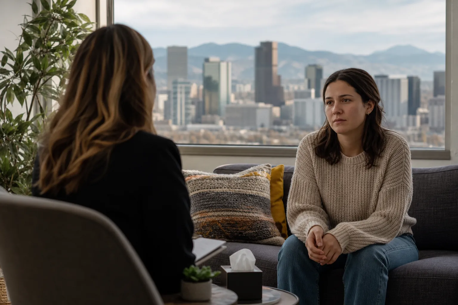 Woman in a Counseling Setting With City and Mountain Views A woman sits with clasped hands on a gray sofa facing another woman, with a city skyline and mountains beyond the window.