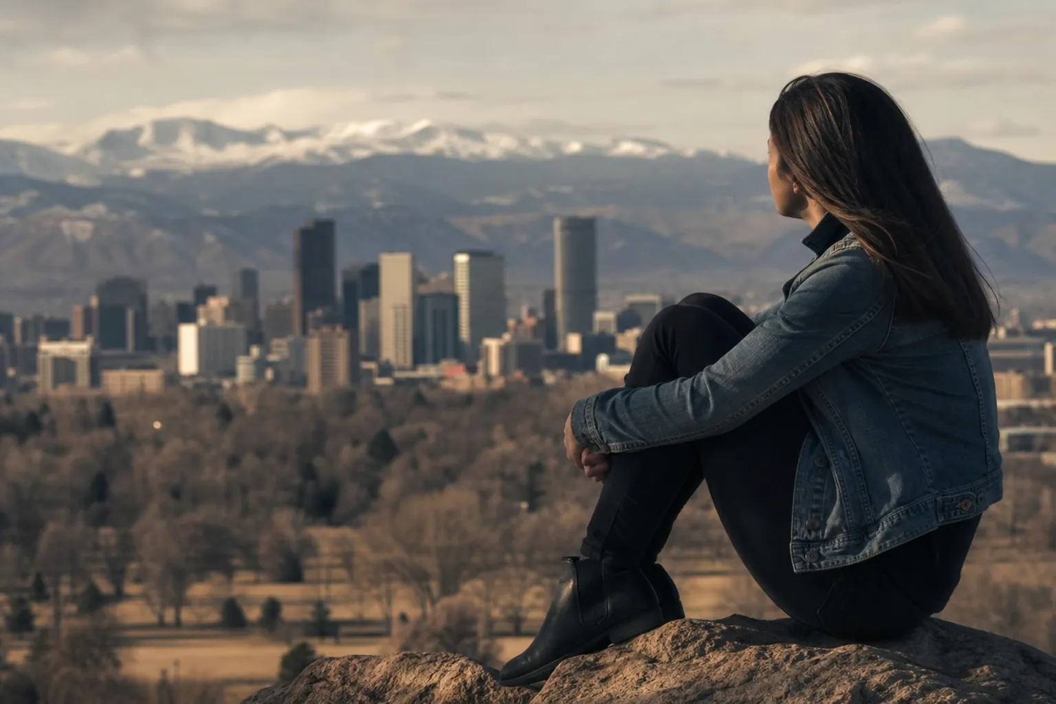 Woman Overlooking a City and Snowcapped Mountains A woman in a denim jacket sits with her knees drawn up on a rocky overlook above a city skyline and snowcapped mountains.