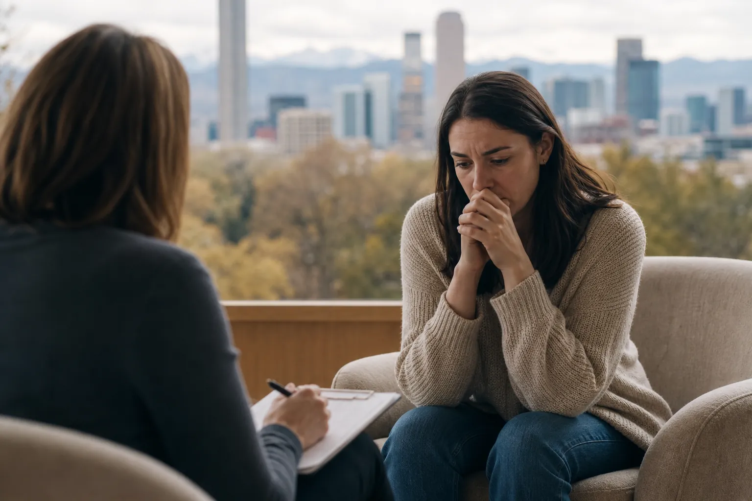 Worried Woman in a Counseling Session A worried woman clasps her hands near her mouth while another woman holds a clipboard, with a city skyline behind them.