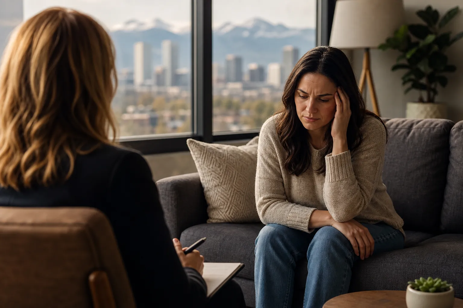 Distressed Woman Speaking With a Therapist A distressed woman sits on a gray sofa with a hand to her temple, facing a therapist holding a pen and notebook.