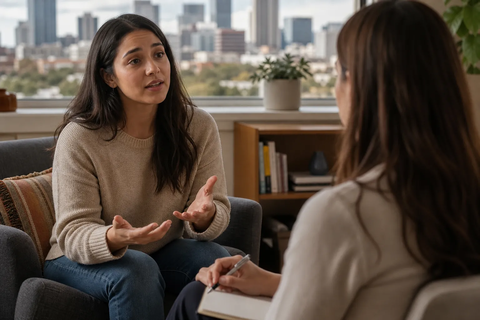 Woman Discussing Concerns in a Therapy Session A woman gestures with open palms while speaking to another woman holding a pen over a notebook in a bright office.