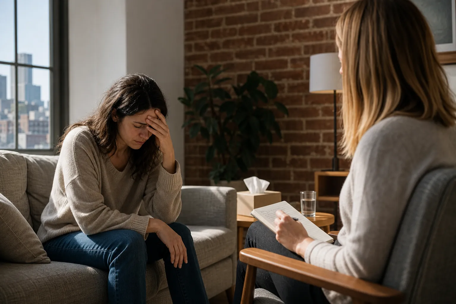 Distressed Woman Sitting With a Therapist A distressed woman sits on a sofa with one hand on her forehead while a therapist sits opposite holding a clipboard.