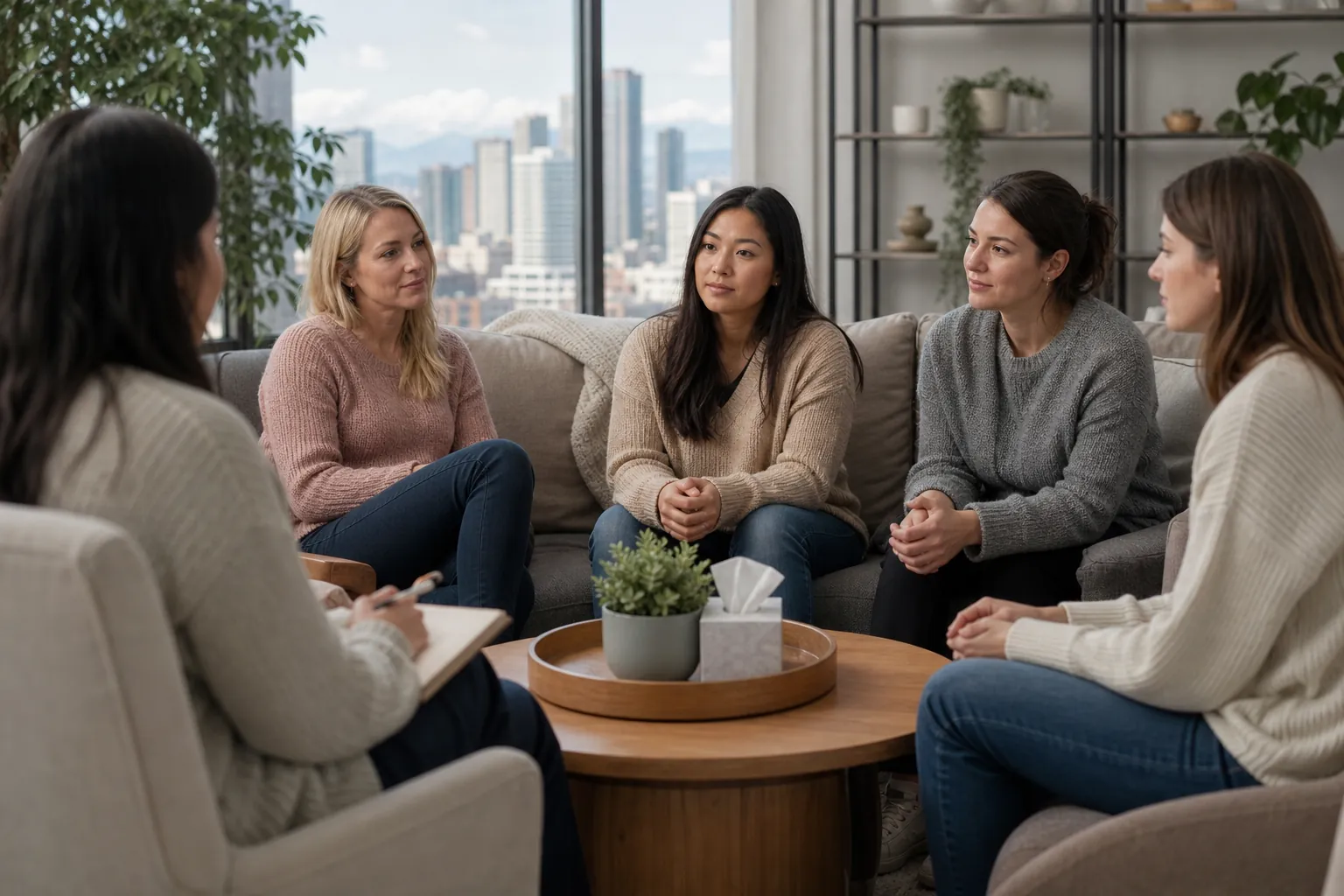 Women Gather for a Group Therapy Session Five women sit in a group therapy setting around a wooden coffee table, with tissues, plants, and city views.