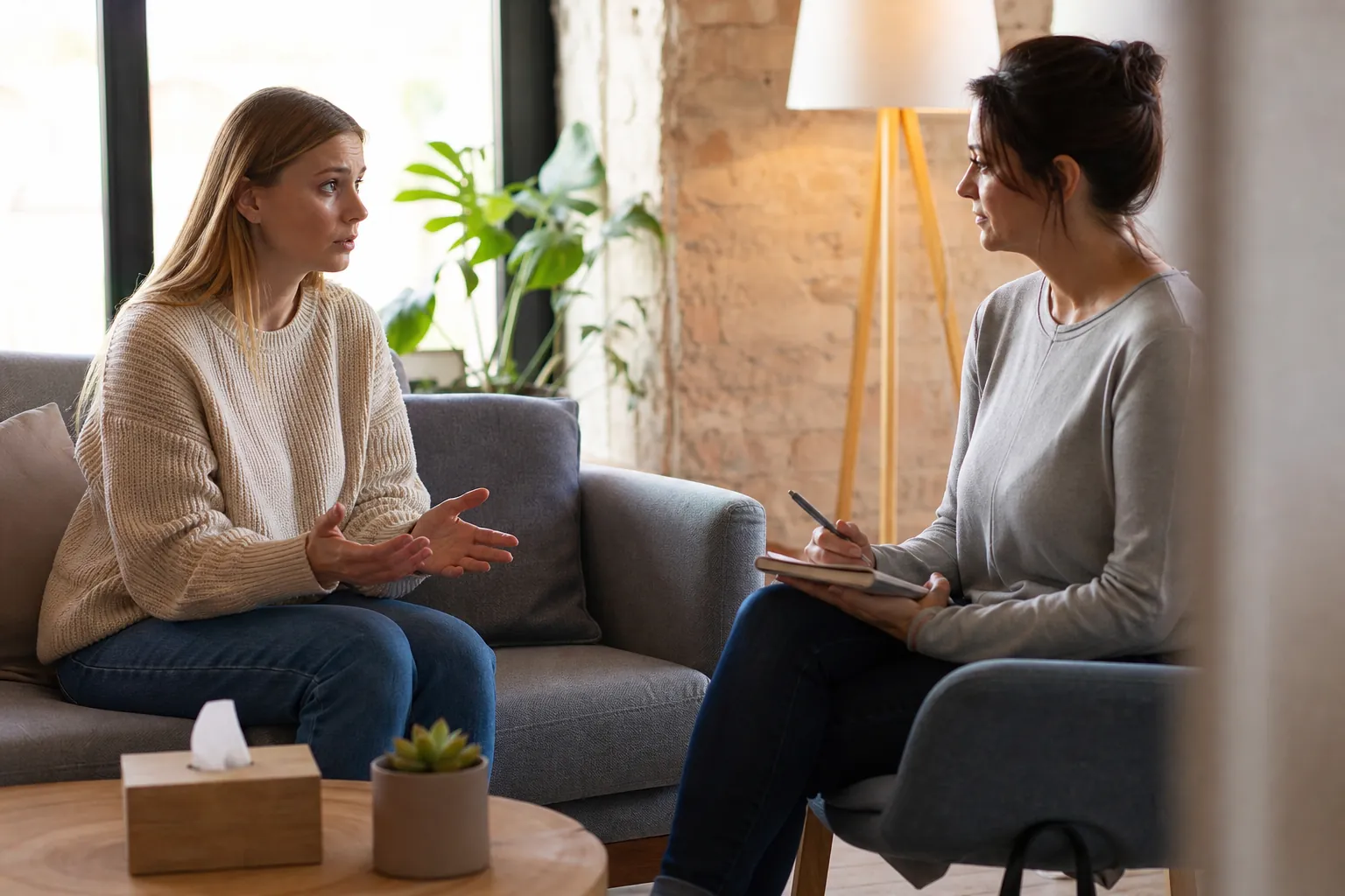 Woman Speaking With a Therapist in an Office A woman gestures while speaking to a female therapist holding a pen and notebook in a softly lit office.