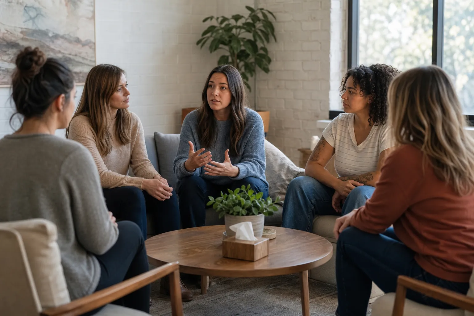 Women Sharing in a Group Therapy Setting Five women sit in a circle around a wooden coffee table, listening as the woman in a blue sweater speaks and gestures.