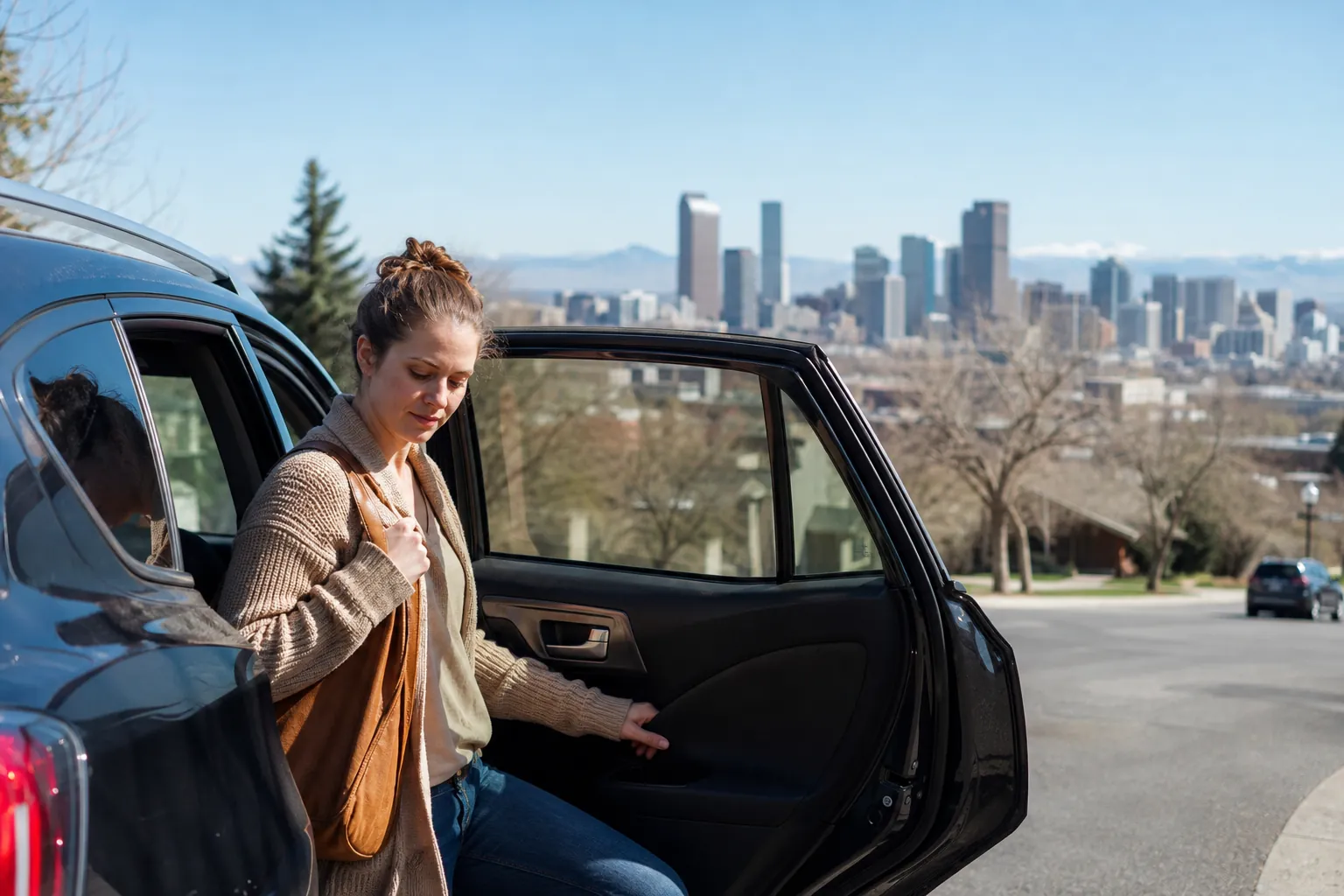 A woman carrying a brown shoulder bag steps out of a dark SUV with the Denver skyline and mountains in the background.