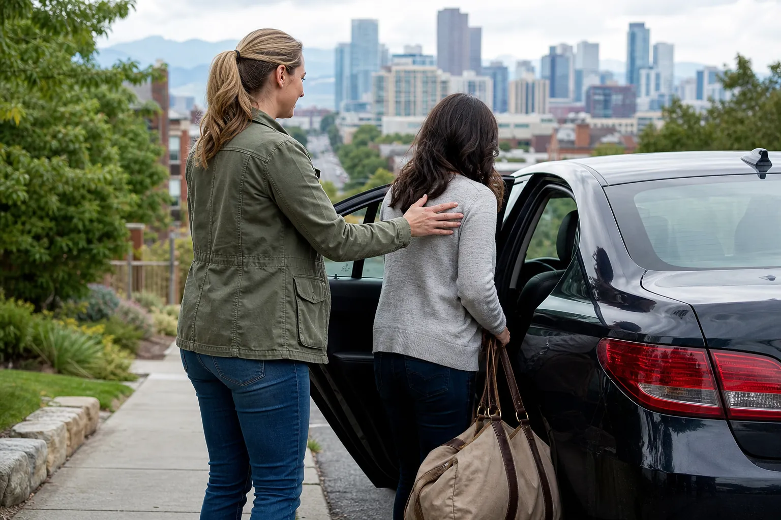 A woman rests her hand on another woman's shoulder as she carries a duffel bag beside an open car door, with a city skyline beyond.