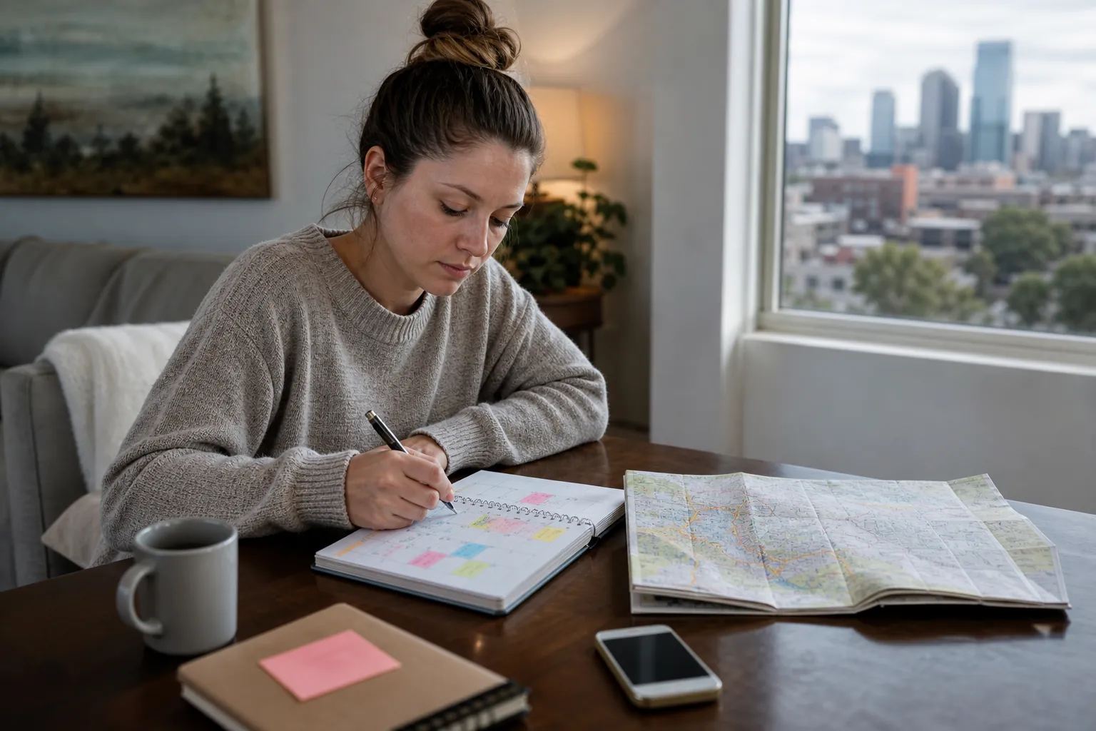 A woman writes in a planner beside an unfolded map, smartphone, and mug at a table overlooking a city skyline.