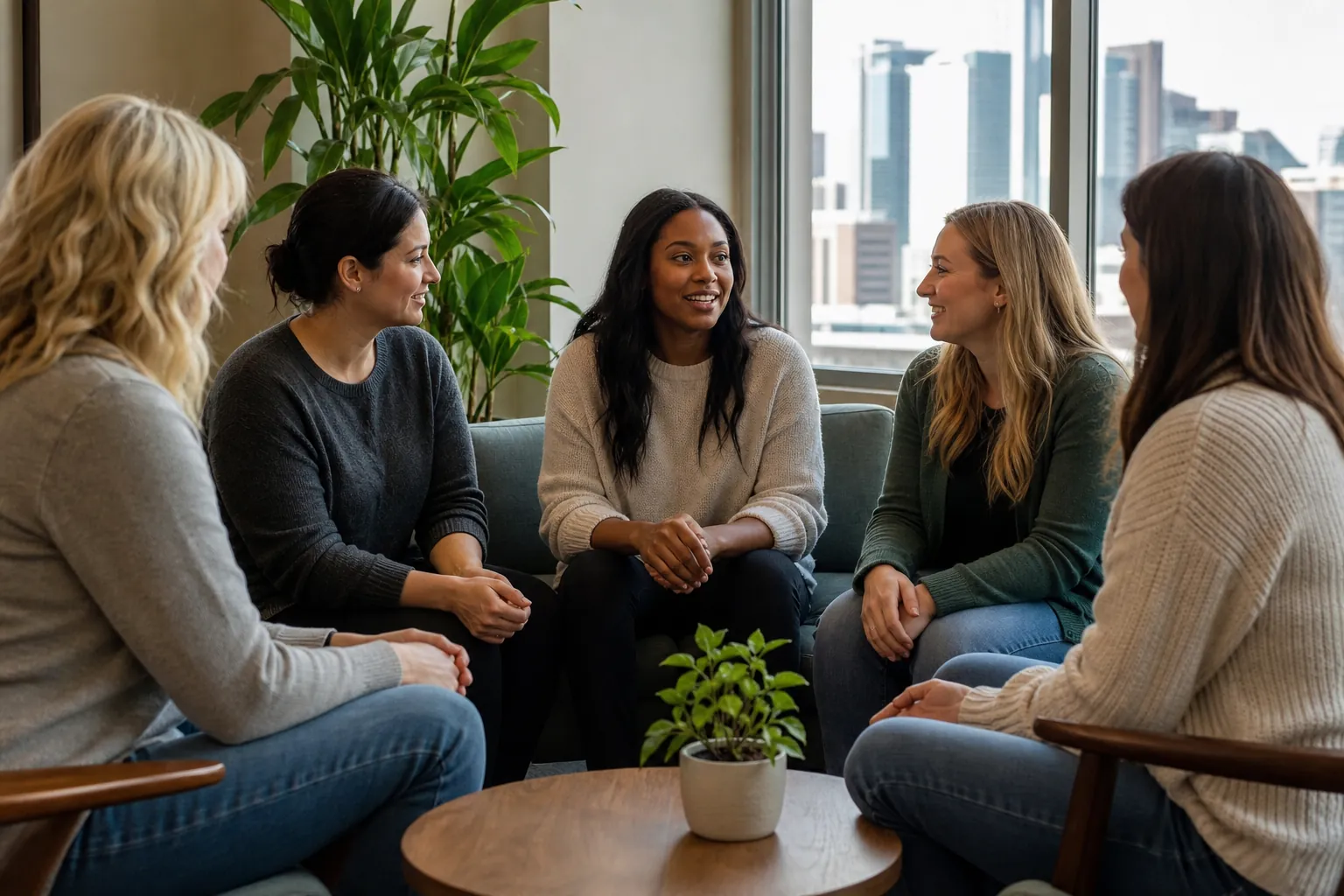 Five Women Talking Together in a Bright Lounge Five women sit together in a bright lounge, talking around a wooden coffee table with a potted plant and city views.