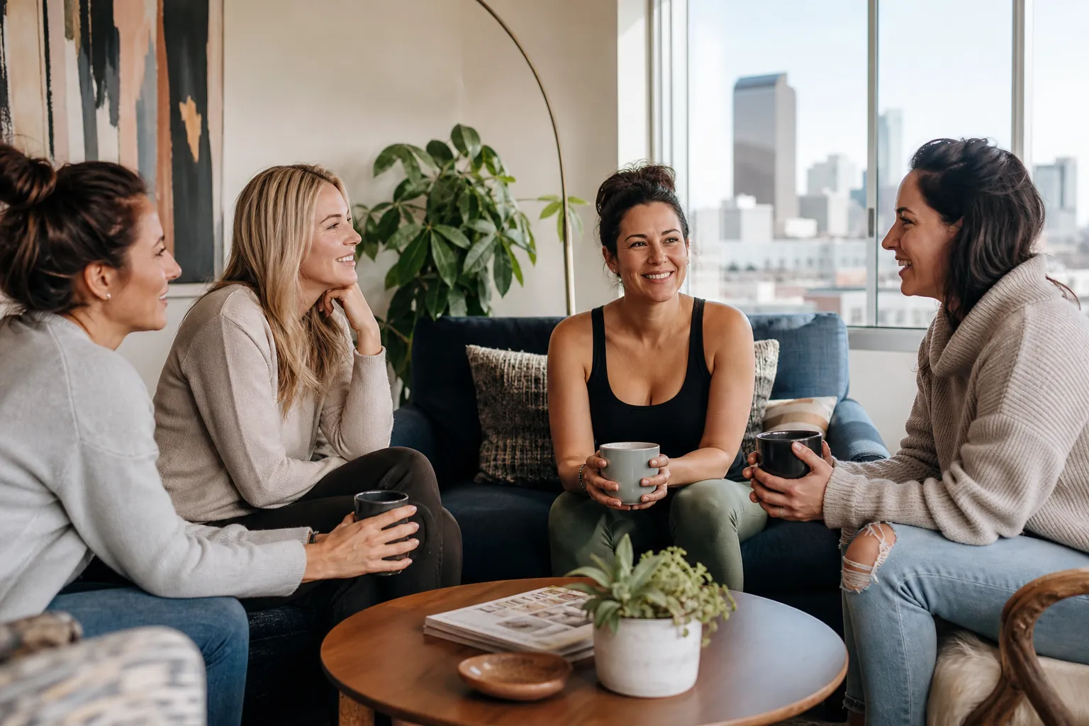 Women Connecting Over Coffee in a Living Room Four women sit together with mugs, smiling and chatting around a wooden coffee table in a bright living room.