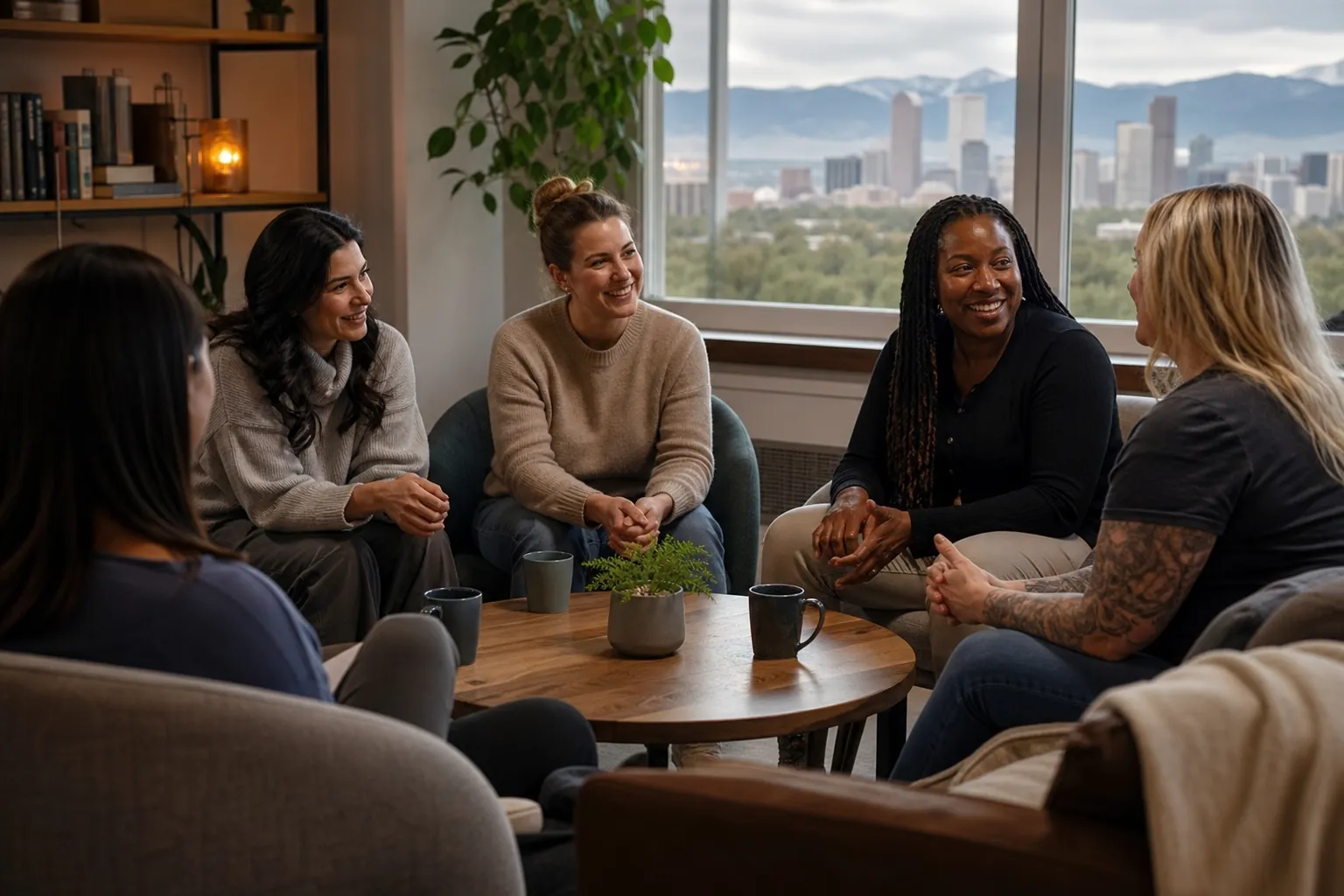 Women Connecting in a Welcoming Discussion Circle Five women sit in a circle around a coffee table, smiling and talking beside windows overlooking a city and mountains.
