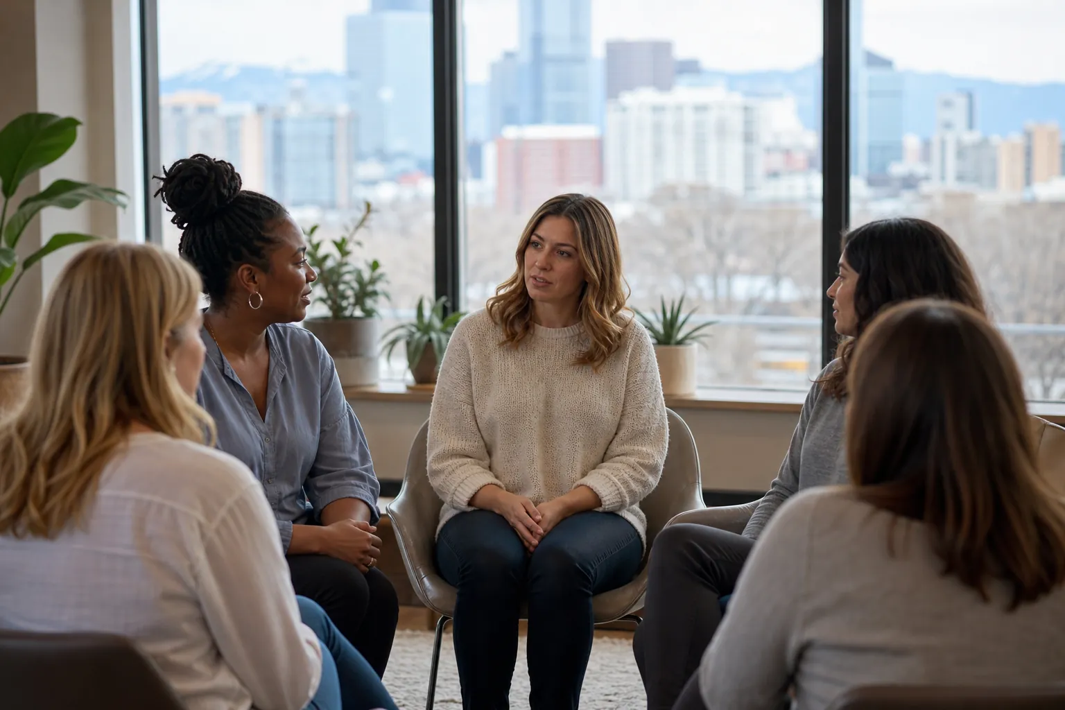 Women Seated in a Circle for a Group Discussion Five women sit in a circle in a bright room with potted plants and large windows overlooking city buildings.