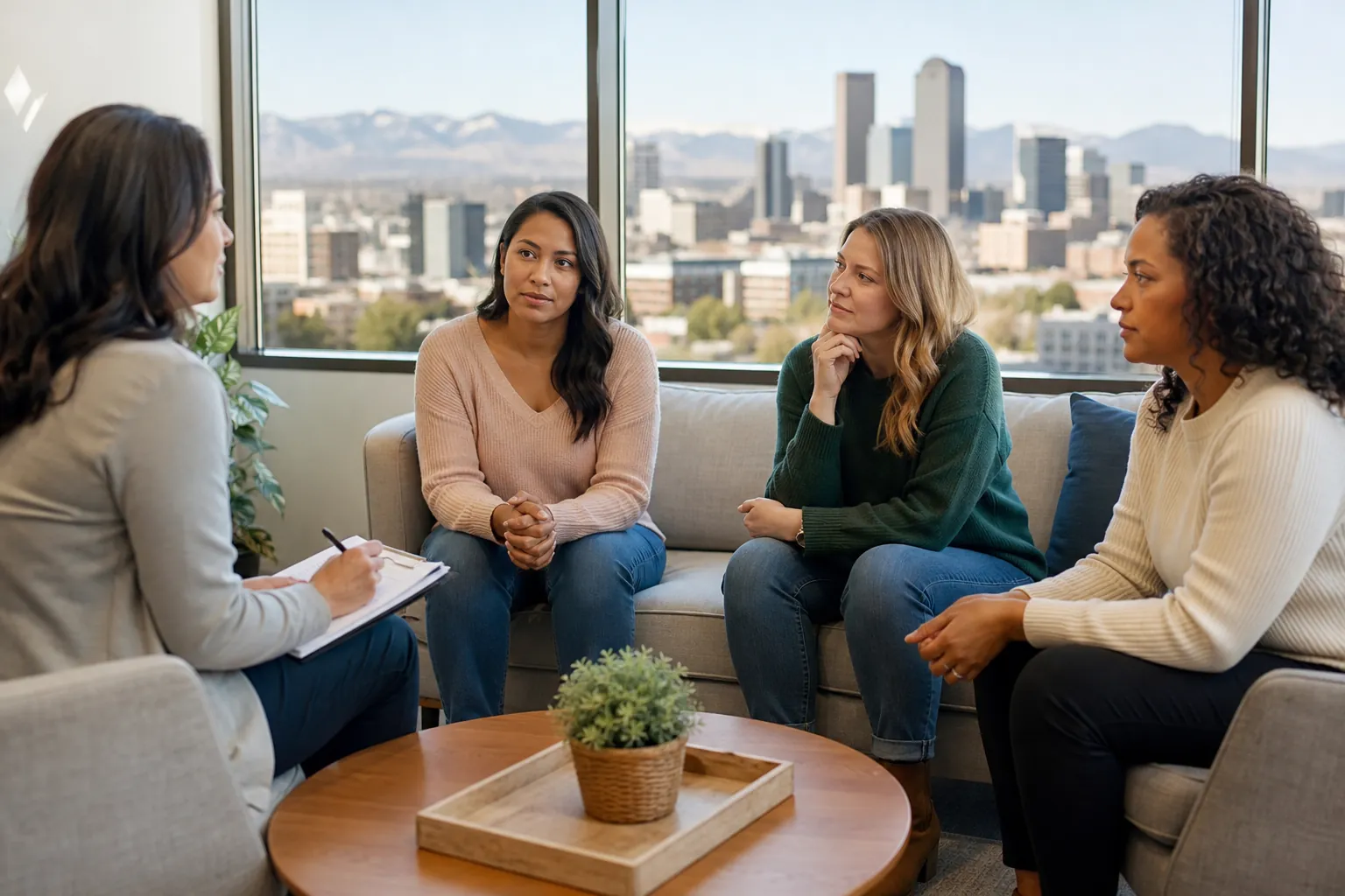 Women in a Group Counseling Discussion Four women sit in a counseling room, one holding a clipboard, with a city skyline and mountains visible through large windows.