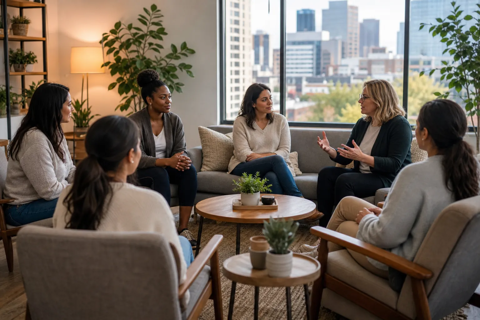 Women Gather for a Supportive Group Discussion Six women sit in a circle in a bright lounge as a woman with glasses gestures during a group discussion.