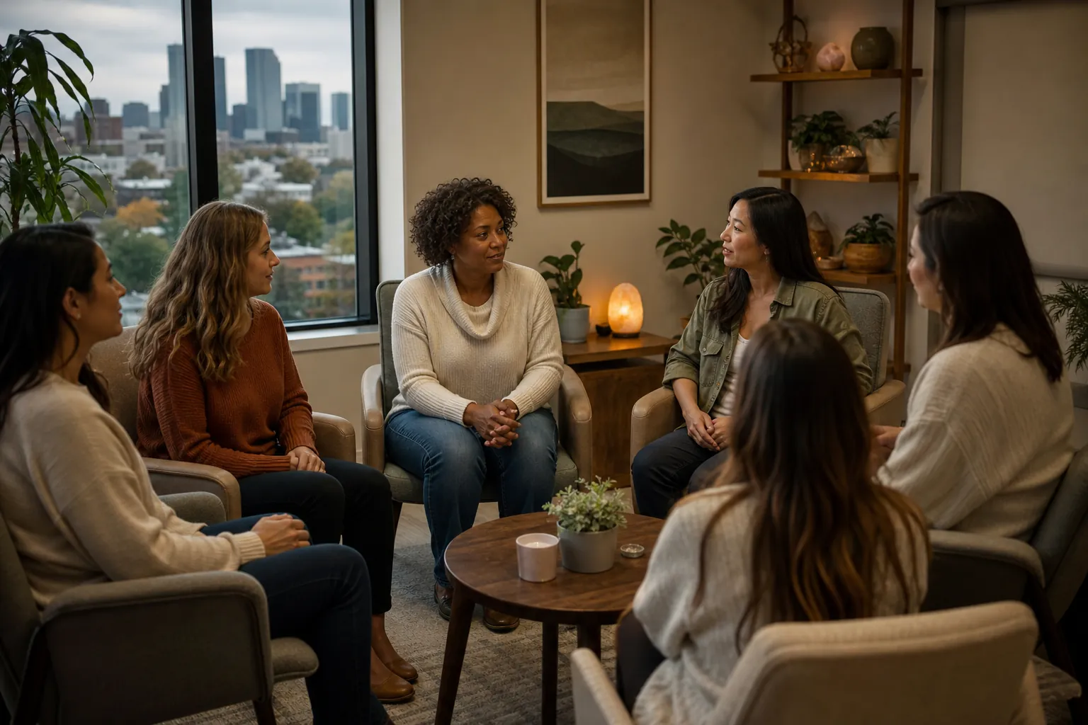 Six women sit in a circle around a small wooden table in a cozy room with plants and large windows overlooking a city.