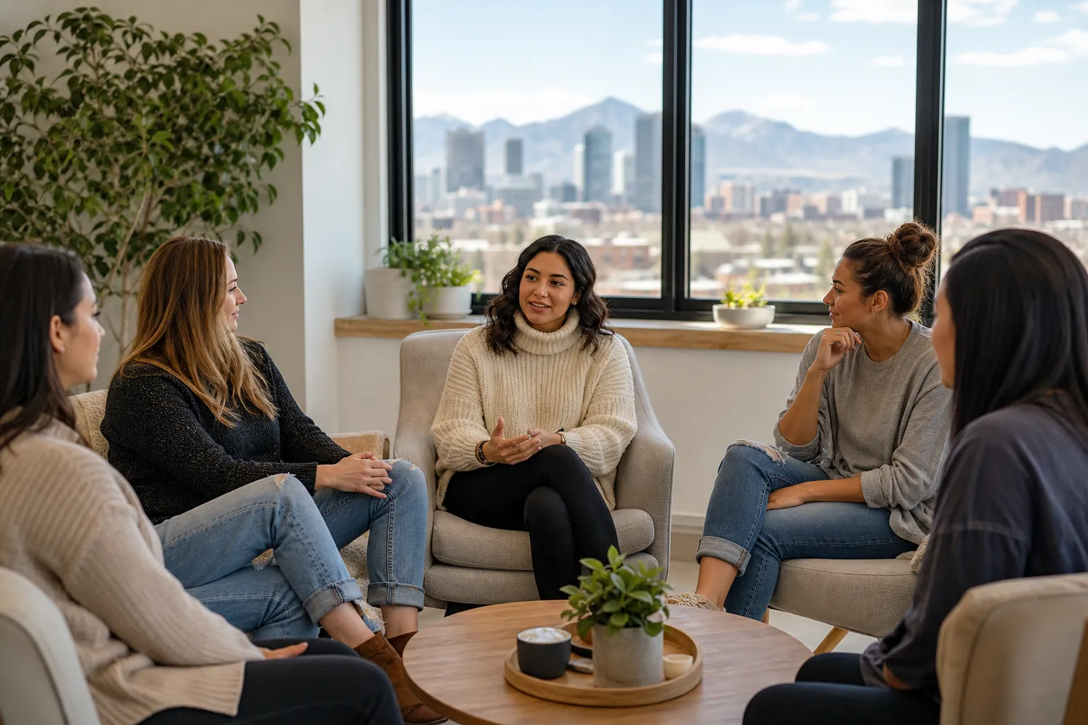 Five women sit in a circle for a group discussion in a bright room with city buildings and mountains beyond large windows.