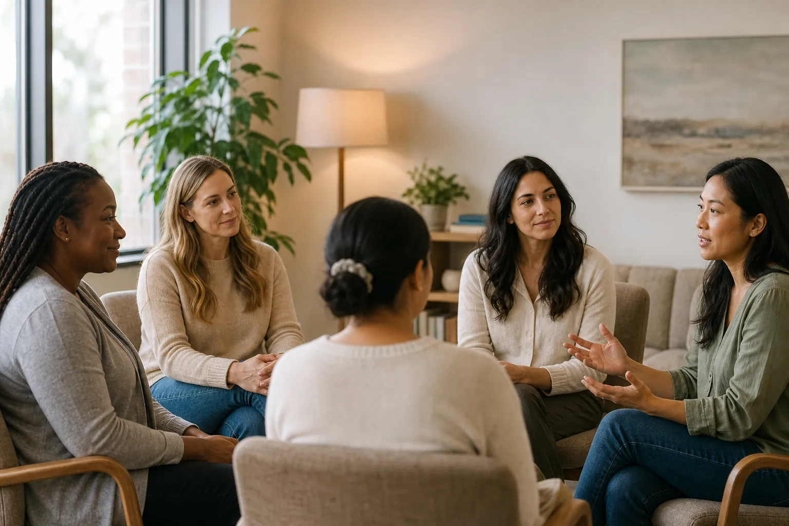 Five women sit in a circle in a softly lit room, listening as one woman gestures during a group discussion.