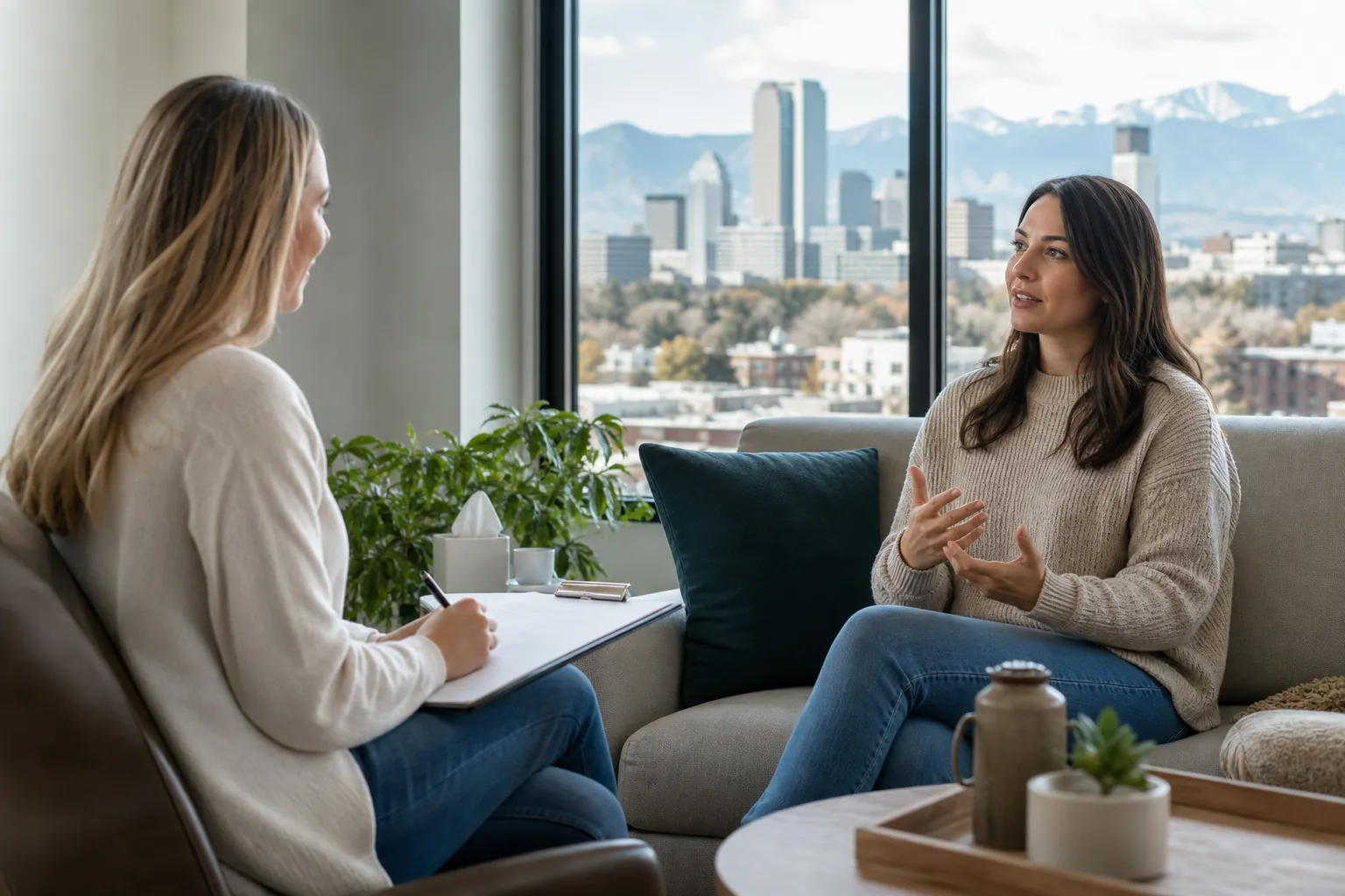 Women in a Counseling Session With Mountain Views (featured) Two women sit facing each other during a counseling session, with a city skyline and mountains visible through large windows.