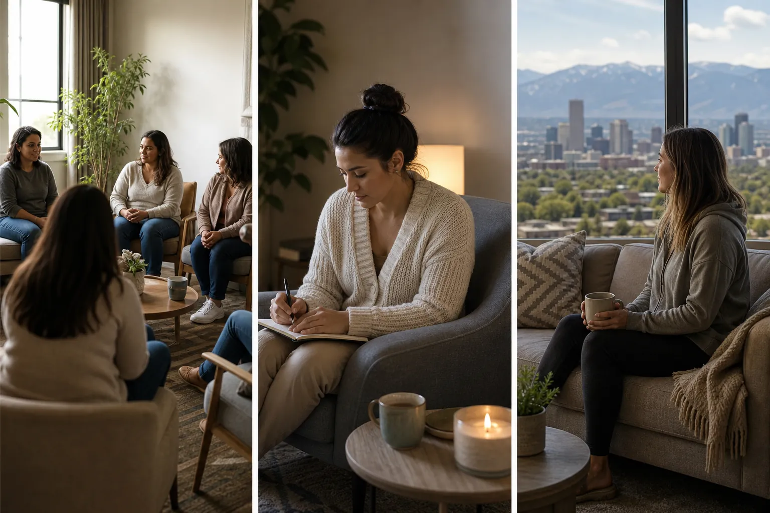 Women in Group Discussion, Journaling, and Quiet Reflection (next step) Three panels show women in a group discussion, a woman writing in a notebook, and a woman holding a mug by a city-view window.