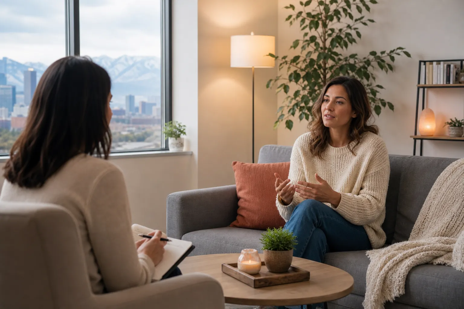 Women in a Counseling Session With Mountain Views (detail) Two women sit facing each other in a counseling room, one holding a notebook, with a city skyline and mountains outside.