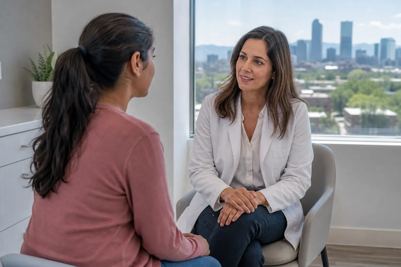 A woman in a white coat sits facing a woman in a pink top in an office with a city skyline visible through a large window.