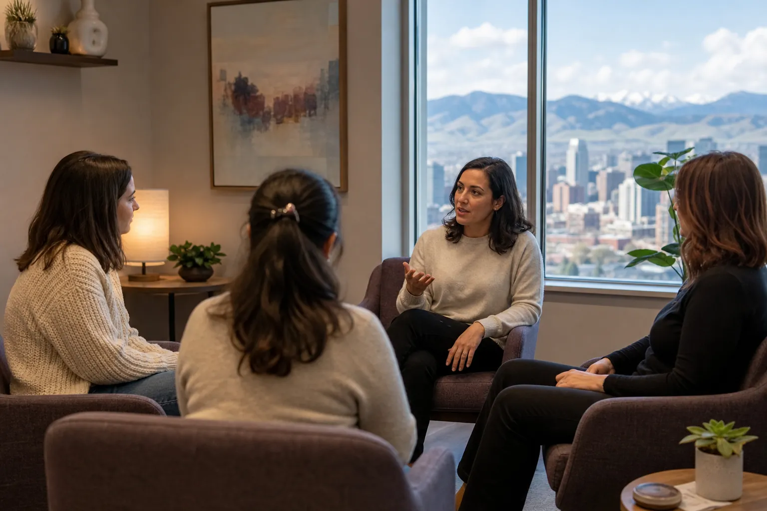 Four women sit in a circle in a counseling room, with a city skyline and mountains visible through a large window.