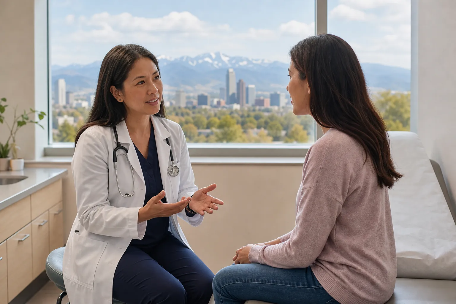 A female clinician talks with a woman seated on an exam table, with a city skyline and mountains visible through the window.