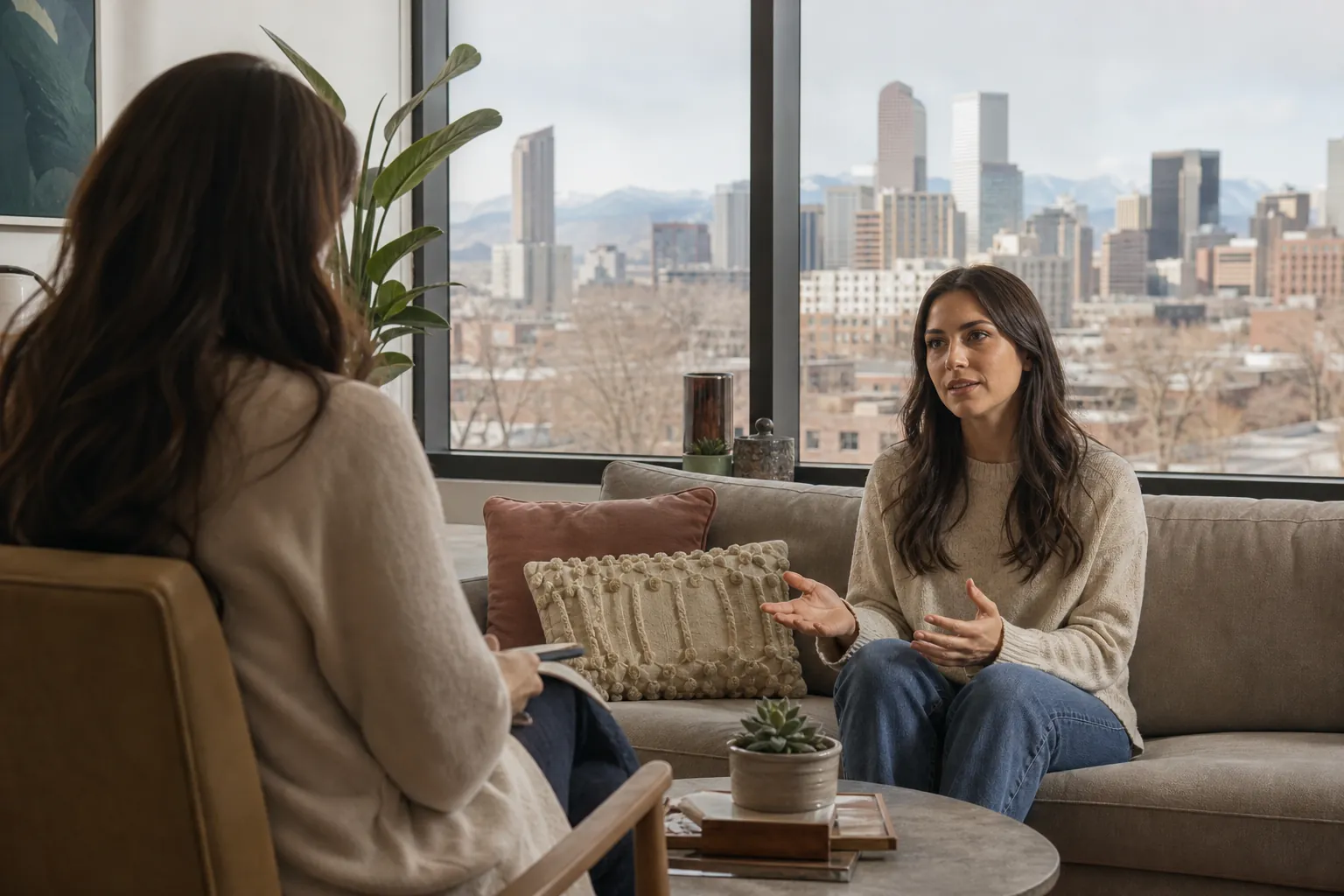 Women Talking in a Therapy Office With City Views A woman gestures while speaking with another woman in a therapy office overlooking a city skyline and distant mountains.