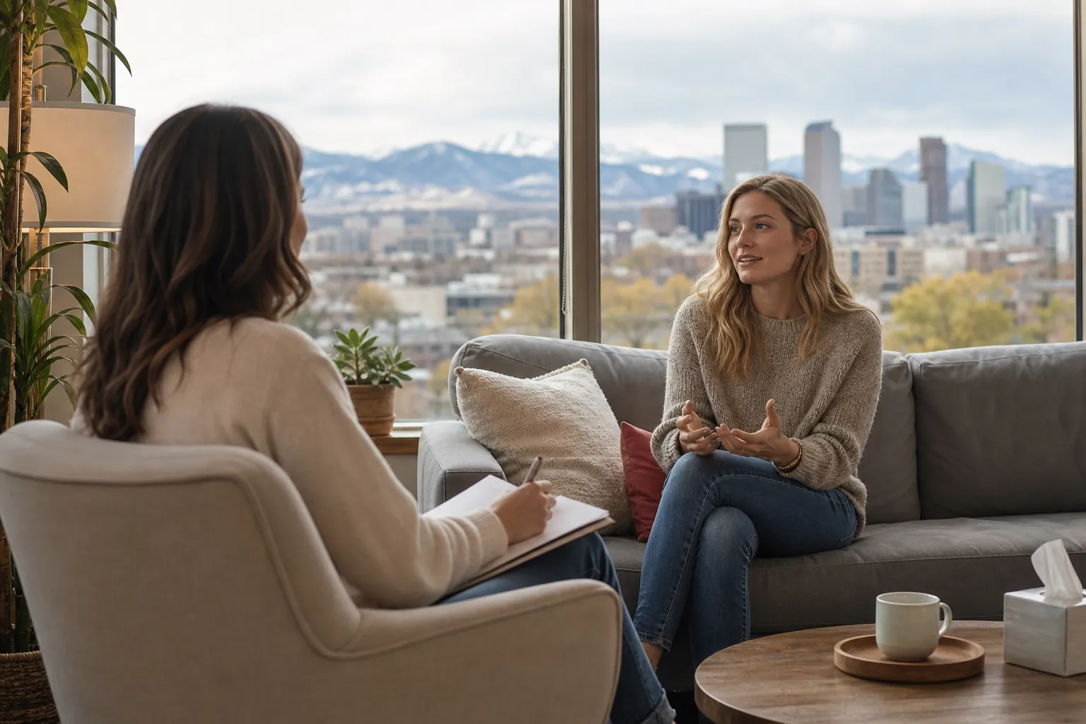Woman Speaking With a Therapist in a City Office A woman gestures while speaking with a note-taking therapist in an office overlooking a city skyline and distant mountains.